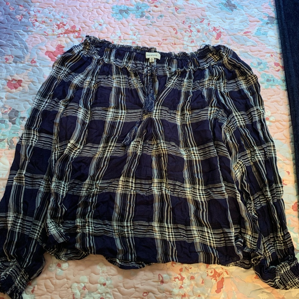 Flannel print off the shoulder shirt